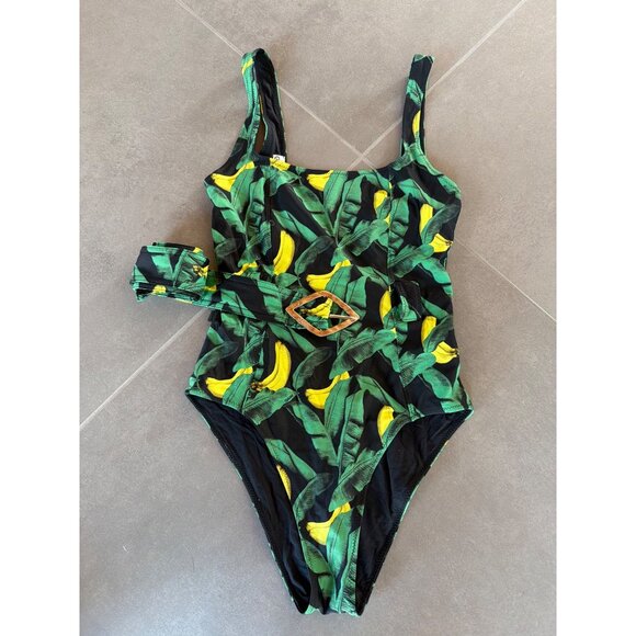 Ganni Recycled Belted One Piece Swimsuit Banana Tree Black Womens Size 34 US 2 - Picture 4 of 9